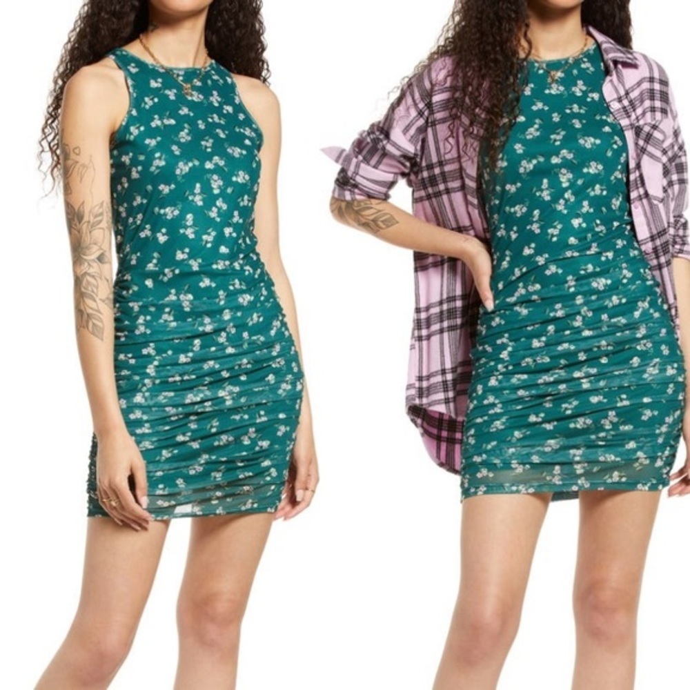 Nordstrom BP Ruched Mesh Bodycon Dress Green Botanical Floral MSRP $39 DEADSTOCK